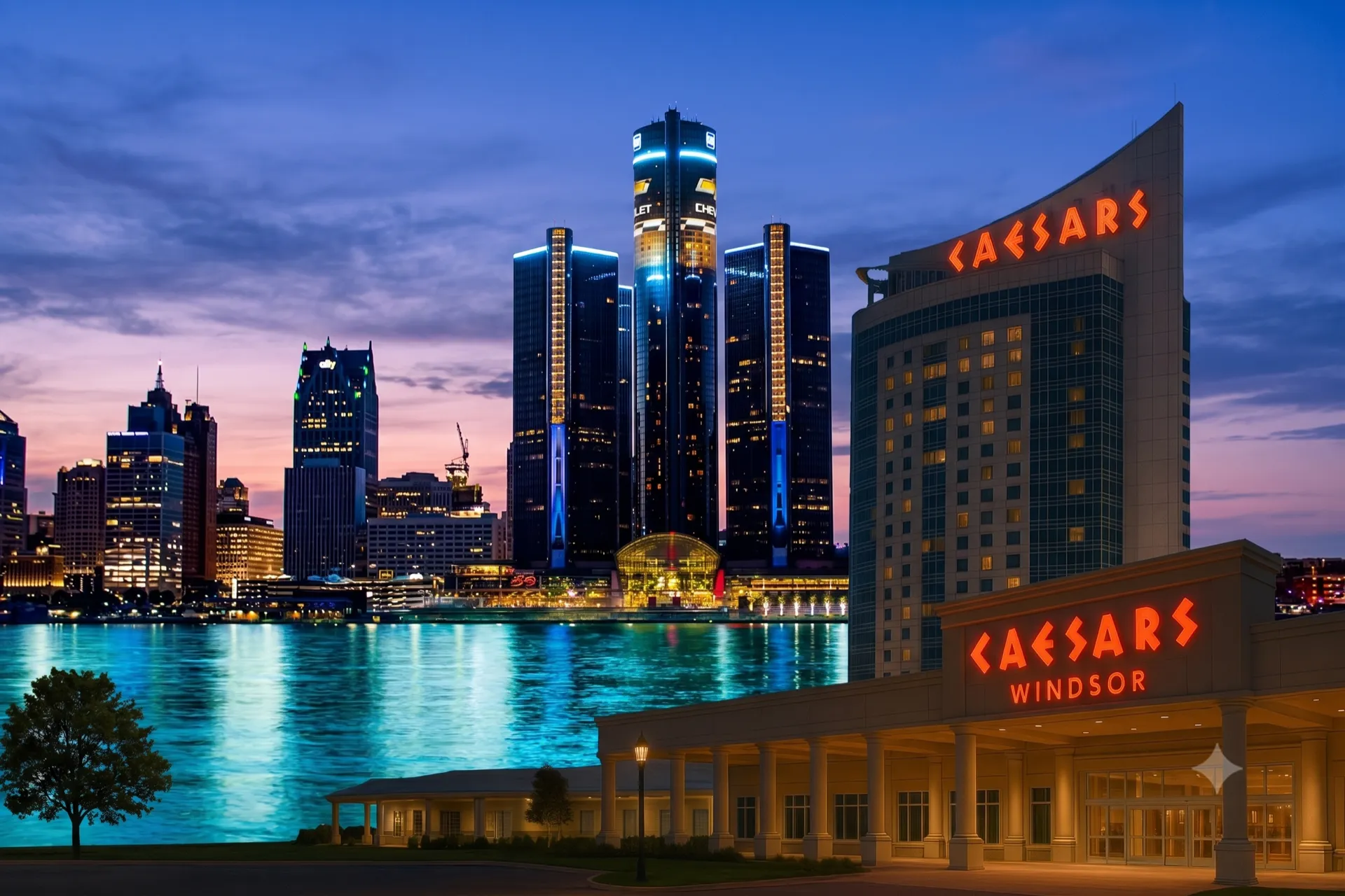 Windsor-Essex waterfront at dusk, with Caesars Windsor and the skyline across the river